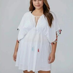 SWIM by CACIQUE Lane Bryant Cover-up White Black Red Tassels Tie Front 18/20 XXL